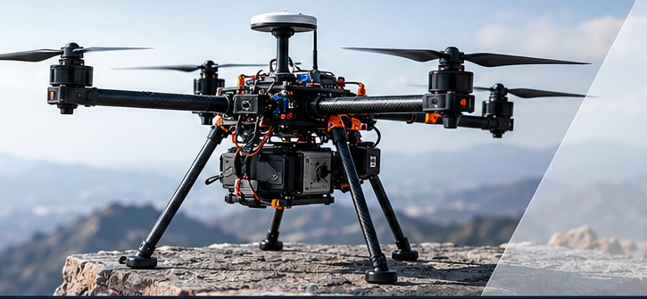 Engineering-model quadcopter with flight electronics, motors, landing gear and sensor payload